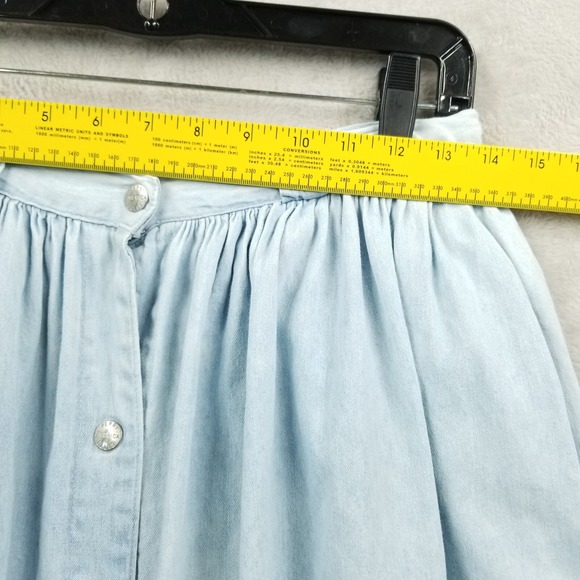 Vintage Skirt Women 10 Blue Denim Gathered Snap Front Pockets 90's Boho Cottage - Picture 7 of 9